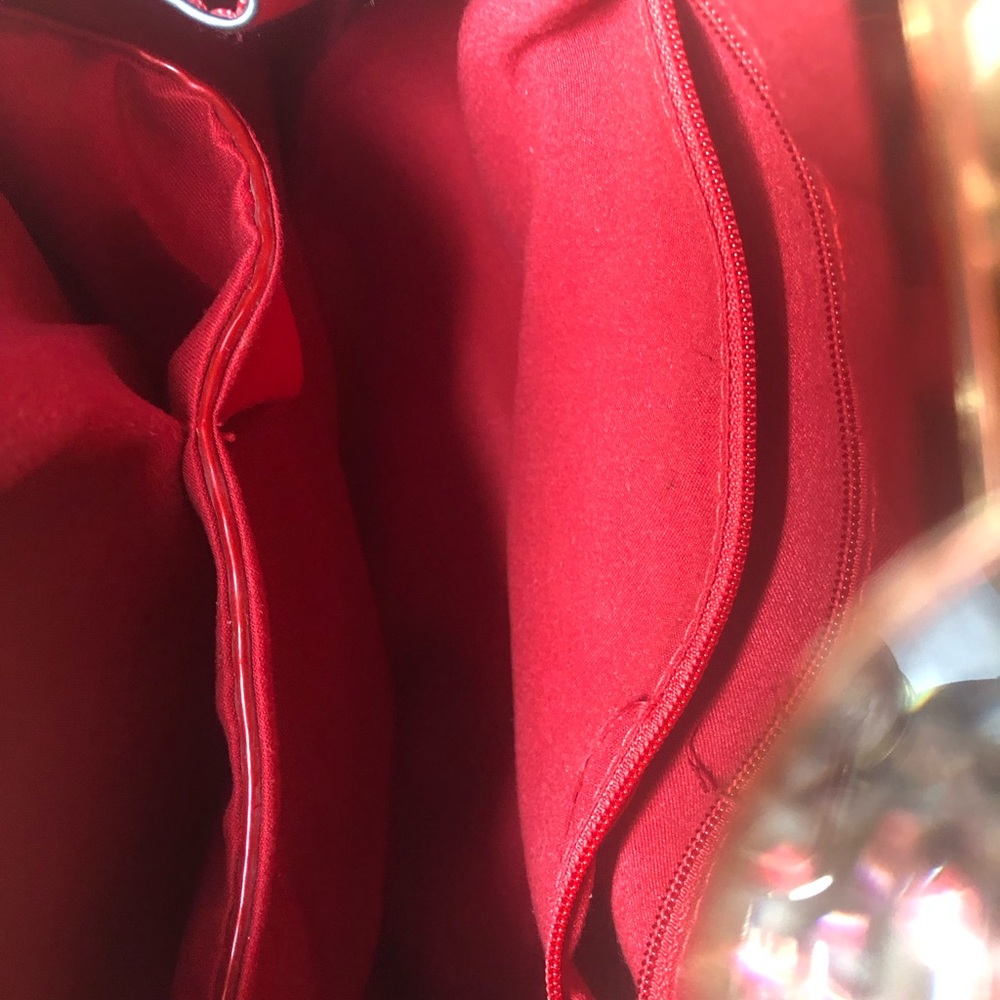 Red Floral Patent Dome Handbag with Gold Accents - Picture 7 of 8